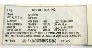 1 LBL,BLANK MFG CERTIFICATION Tesla model Y 1462927-00-C