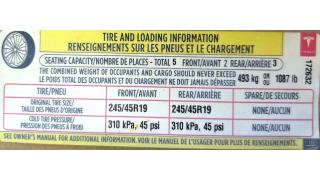 3 LBL,TIRE PRESSURE &amp; LOADING INFO LABEL Tesla model S REST 75 101